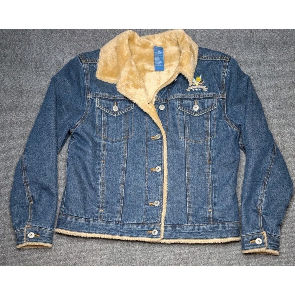 Disney Tinkerbell Denim Jacket Womens Medium Feisty‎ Fairy Heavy Sherpa Lined